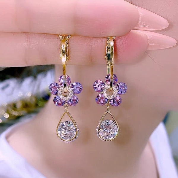 Presentski Flowers Tassels Earrings with Cubic Zironia Water-Drop Earrings for Women Birthday Gift