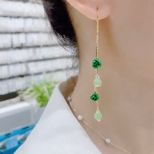 Presentski Green Flowers Tassels Earrings with Cymophane Drop Earrings for Women Birthday Gift