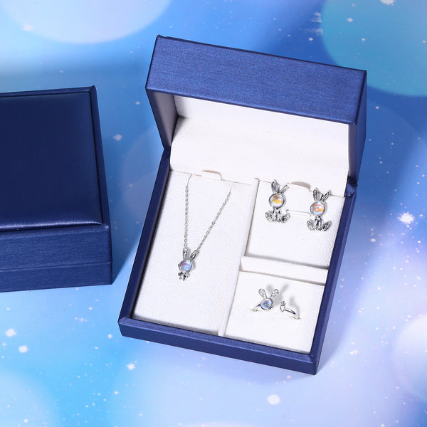 Presentski Moonstone Rabbit Bunny Necklace Ring Earring Set T3S015