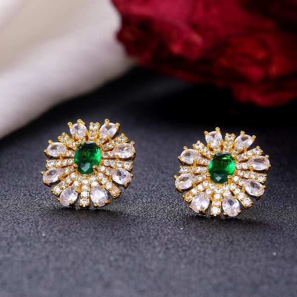 Presentski Green CZ Elegant Gold-Plated Flower Earrings