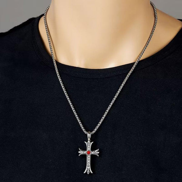 Presentski Vintage Men's Cross Necklace Titanium Steel Zircon Personality Cross Pendant Necklace