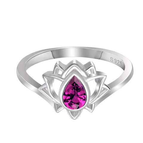 Stacking Chakra Lotus Flower Ring Yoga Band Red Cubic Zirconia Silver, Presentski Lotus Encouragement Rings Ruby Flowers Yoga High Polish Inspirational Jewelry Gift for Daughter, Size 5-10