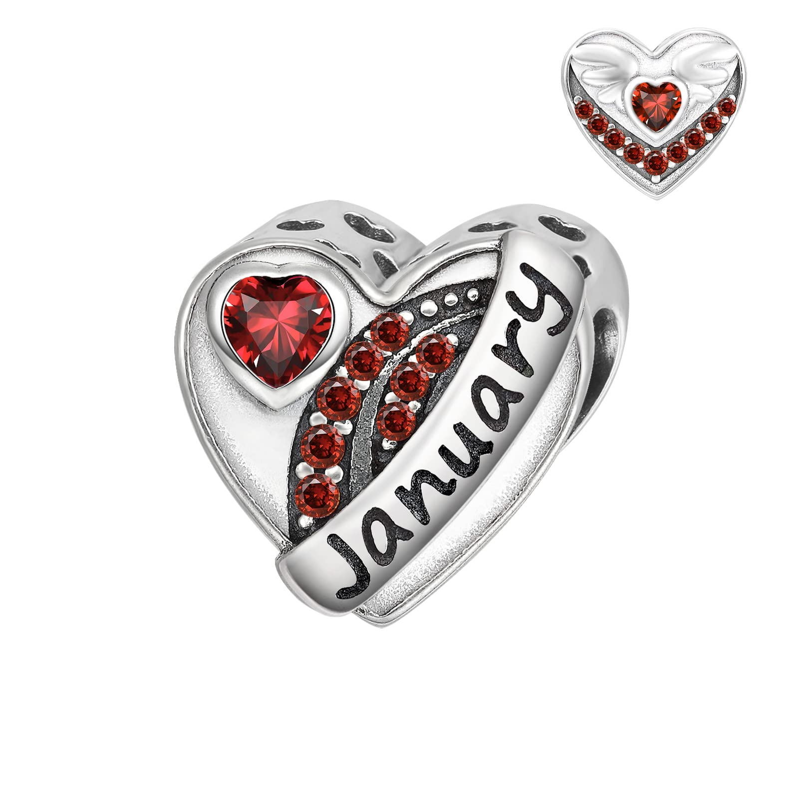 Heart Birthstone Charms Angle Wings for Bracelet - Presentski Forever Love Charm with Birthstones for Bracelets Silver Hearts Dangle Charms Bead for Bracelets Necklace Birthday Gifts for Women Girls