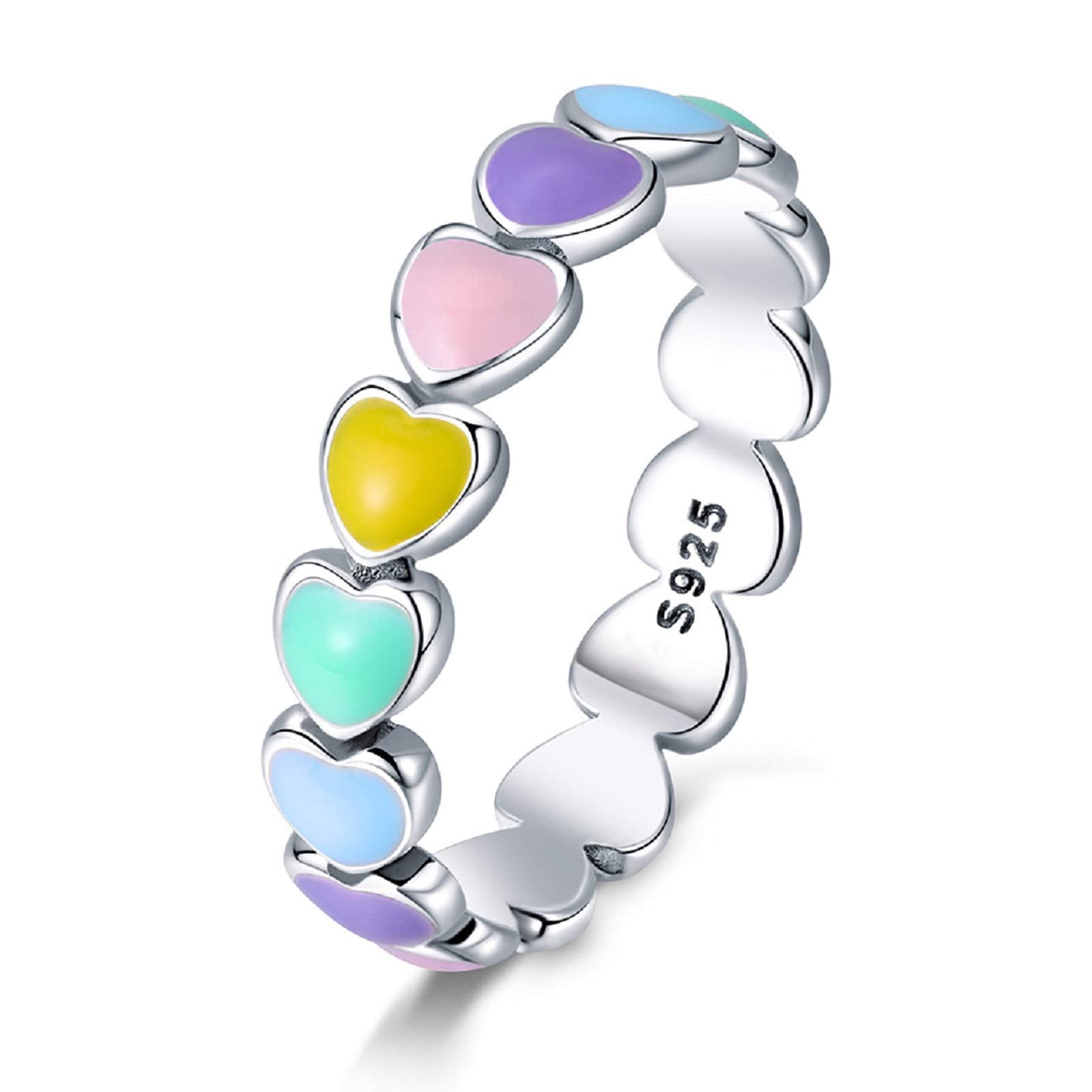 Presentski Rainbow Heart Ring Color Heart to Heart Endless Love Heart 925 Sterling Silver Exquisite Fashion Ring as a Gift for Girlfriend