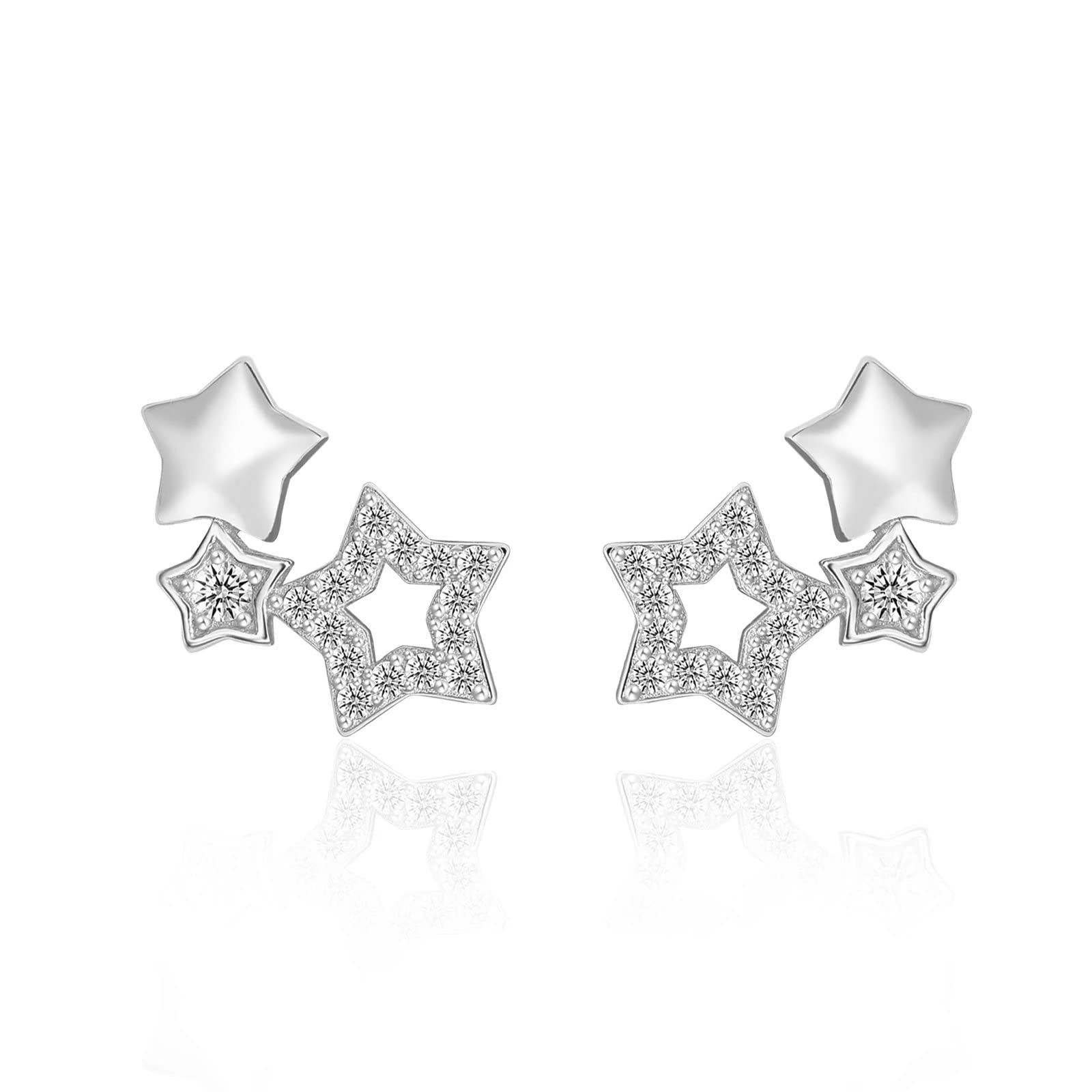 Presentski Star Climber Earrings S925 Sterling Silver Triple Star Ear Climber Hypoallergenic CZ Stud Crawler Earrings for Women Teen Girls, Gift boxed