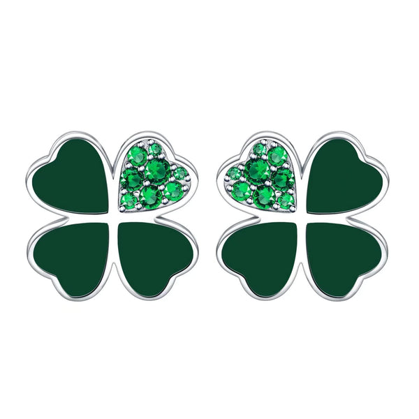 Presentski Four Leaf Clover Stud Earrings 925 Sterling Silver Heart Lucky Shining Green Leaves Ear Studs St. Patrick's Day Floral Jewelry Gift for Women Girls