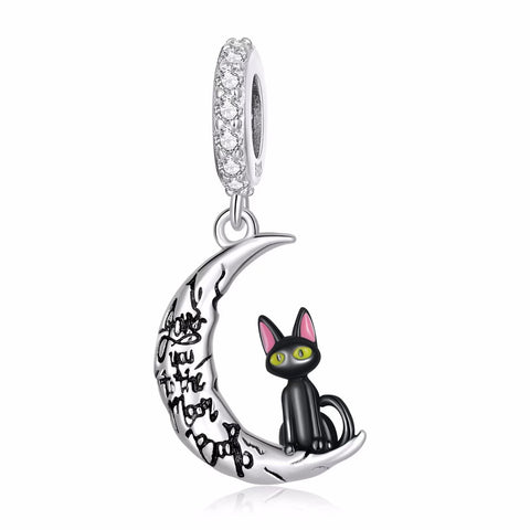 Presentski 925 Sterling Silver Moon Cat Dangle Charm for Bracelets and Necklaces Crescent Moon and Cat Pendants Charm Animal Jewelry Gifts for Women Girls Cat Lover