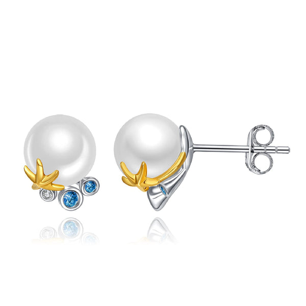 Presentski Pearl Starfish Earrings Sterling Silver White Freshwater Cultured Single Pearls Necklace Gold Starfish Stud Earrings Jewelry Gift for Women Girls