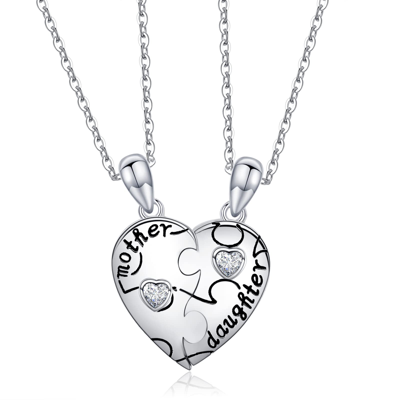 Mother Daughter Heart Matching Puzzle Necklace - Presentski Sterling Silver Mom Daughter Heart Matching Necklace Set for 2 Mom Gifts Daughter Gifts for Christmas Mother's Day