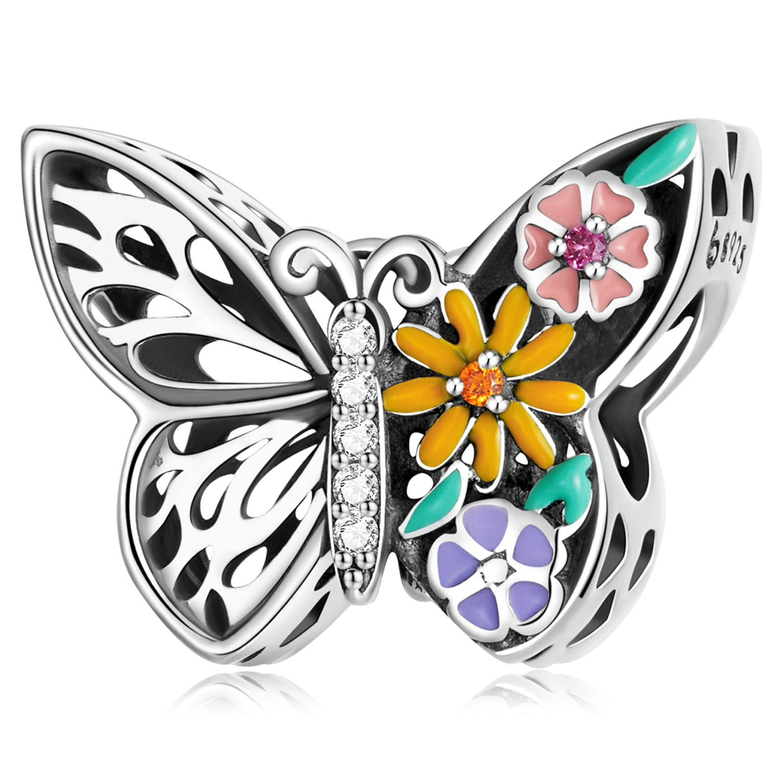 Presentski Colorful Butterfly Flowers Charm Bead 925 Sterling Silver Garland Sparkling Hollow Insect Element Charm Pendant for Bracelet Necklace Dainty Jewelry Gift for Women Girls