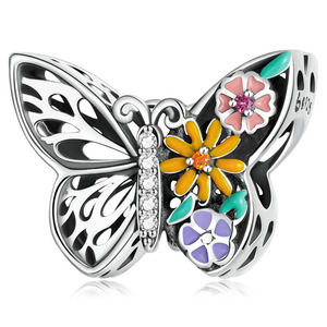 Presentski Colorful Butterfly Flowers Charm Bead 925 Sterling Silver Garland Sparkling Hollow Insect Element Charm Pendant for Bracelet Necklace Dainty Jewelry Gift for Women Girls