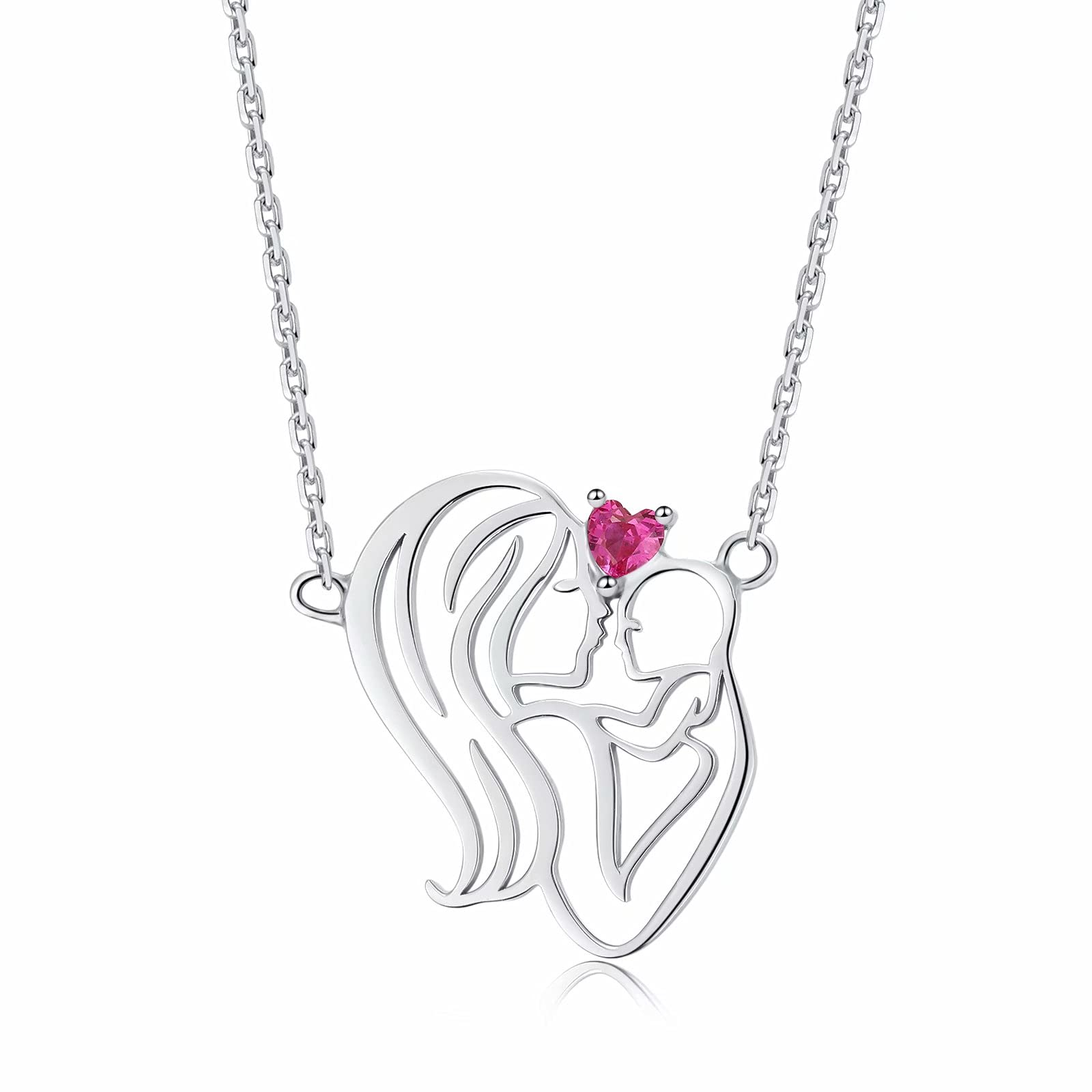 Presentski Mon Hug Child Heart Shaped Necklace Adjustable 925 Sterling Silver with Red Zircon Love Mom as Gift for Mother Grandmother