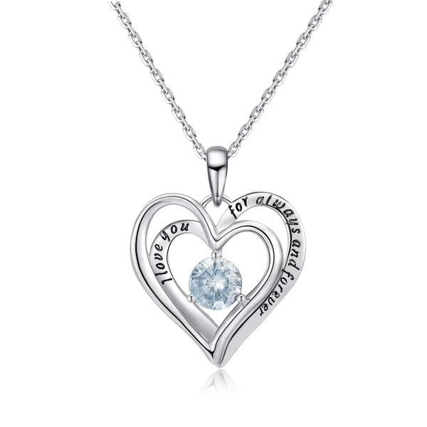 Presentski Twining Heart Birthstone Pendant Necklace - 925 Sterling Silver Dainty Love You Forever Round Gemstone Cubic Zirconia 18” Platinum Plated Adjustable Chain Necklaces Jewelry Gifts for Girls Wife