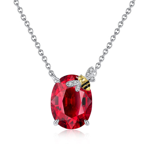 Presentski Garnet Bee Necklace Sterling Silver January Birthstone Red Oval Solitaire Big Pendant Honeybee Necklaces Birthday Christmas Gifts for Women Girls