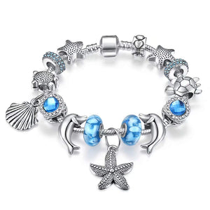 Presentski European Ocean Beach Charm Beaded Bracelets for Women with Seashell Turtle Starfish Dolphin Charms