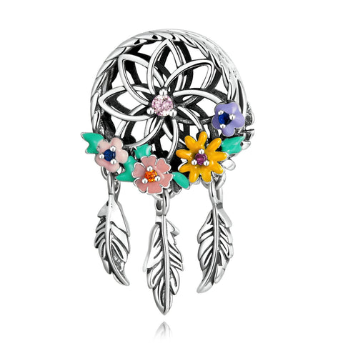 Presentski Garland Hollow Dreamcatcher Charm Bead Dangle 925 Sterling Silver Round Wreath Colorful Flower Feather Pendant Charm for Bracelet Necklace Dainty Jewelry Gift for Women Girls