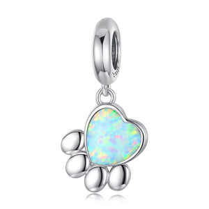 Presentski Pet Paw Print Charms - Cute Footprint Bead Heart-shaped Opal Pendant 925 Sterling Silver Platinum Plated for Bracelet Necklace Gift for Women Girls