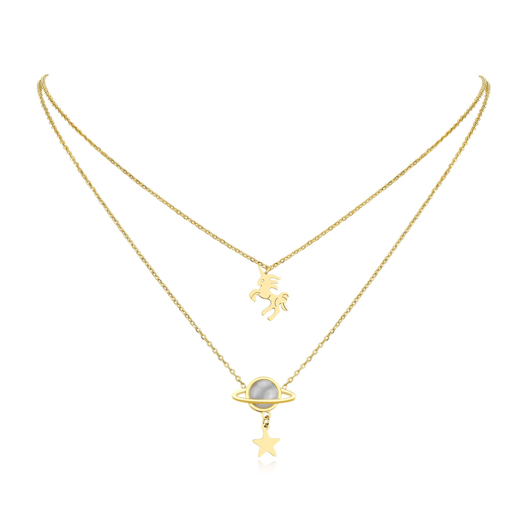 Presentski Unicorn Planet Star Gold Plated Necklace 18K Trendy Layered Adjustable for Women and Girls