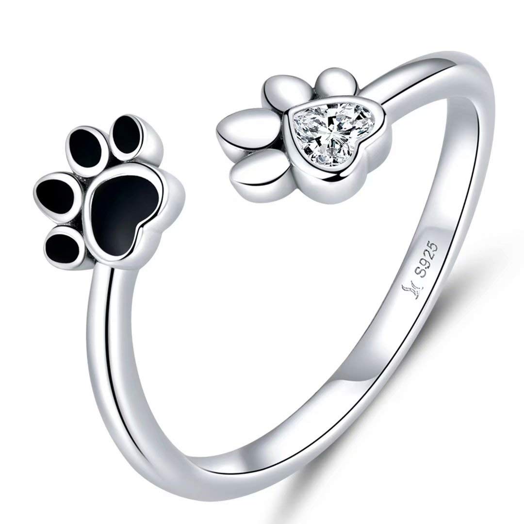 Presentski Pet Footprint Open Ring Silver 925 Sterling Silver Adjustable Zircon Ring A Gift for Mom and Wife