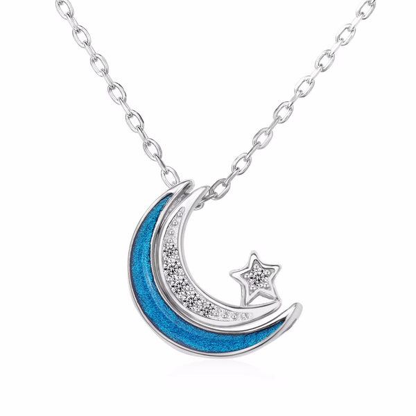 Presentski Moon Star Necklace 925 Sterling Silver Crescent Star Pendant Necklace Blue Moon Star CZ Pendant Necklace Jewelry Gifts for Women Girls Daughter