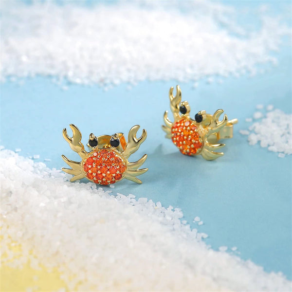 Presentski Sparkling Crab Stud Earrings 925 Sterling Silver Summer Sea Beach Ocean Inspired Vintage 18K Gold Plated Creative Ear Studs Dainty Jewelry Gift for Women Girls