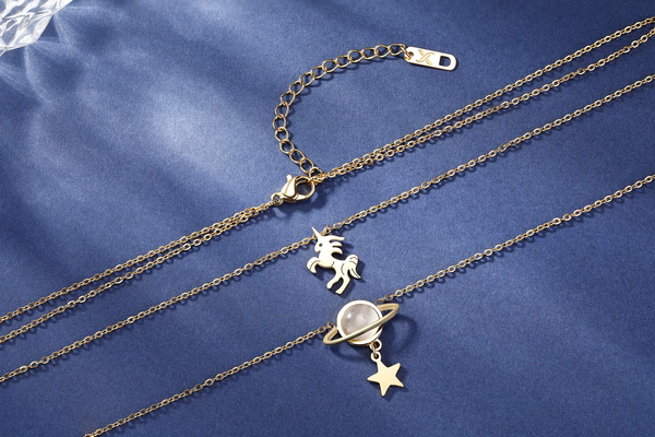 Presentski Unicorn Planet Star Gold Plated Necklace 18K Trendy Layered Adjustable for Women and Girls