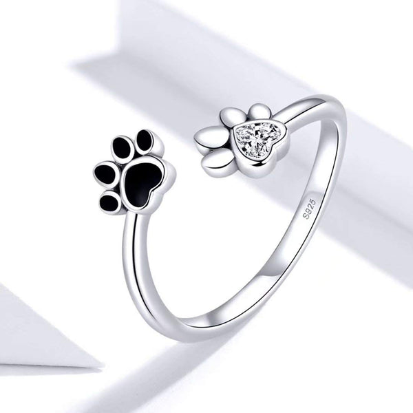 Presentski Pet Footprint Open Ring Silver 925 Sterling Silver Adjustable Zircon Ring A Gift for Mom and Wife