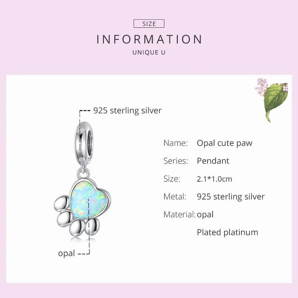 Presentski Pet Paw Print Charms - Cute Footprint Bead Heart-shaped Opal Pendant 925 Sterling Silver Platinum Plated for Bracelet Necklace Gift for Women Girls