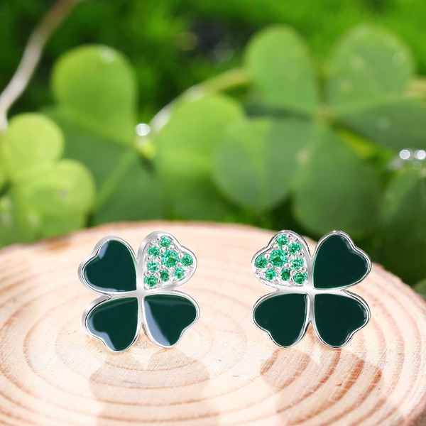 Presentski Four Leaf Clover Stud Earrings 925 Sterling Silver Heart Lucky Shining Green Leaves Ear Studs St. Patrick's Day Floral Jewelry Gift for Women Girls