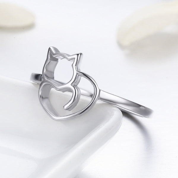 Presentski Cute Kitty Ring 925 Sterling Silver Cat Animal Rings Heart Jewelry Gift for Girlfriend Women Girls Kids