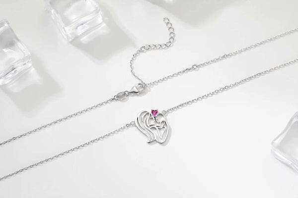 Presentski Mon Hug Child Heart Shaped Necklace Adjustable 925 Sterling Silver with Red Zircon Love Mom as Gift for Mother Grandmother