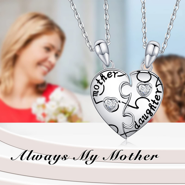 Mother Daughter Heart Matching Puzzle Necklace - Presentski Sterling Silver Mom Daughter Heart Matching Necklace Set for 2 Mom Gifts Daughter Gifts for Christmas Mother's Day