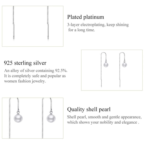 Presentski Long Tassel Threader Earrings 925 Sterling Silver Dangle Drop Ear Cords Shell Pearl Pendant Stud Fashion Bling Design