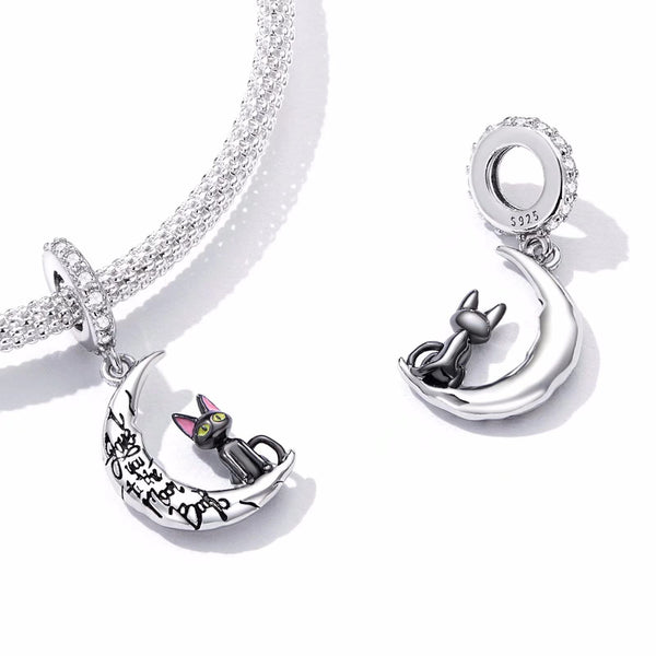 Presentski 925 Sterling Silver Moon Cat Dangle Charm for Bracelets and Necklaces Crescent Moon and Cat Pendants Charm Animal Jewelry Gifts for Women Girls Cat Lover