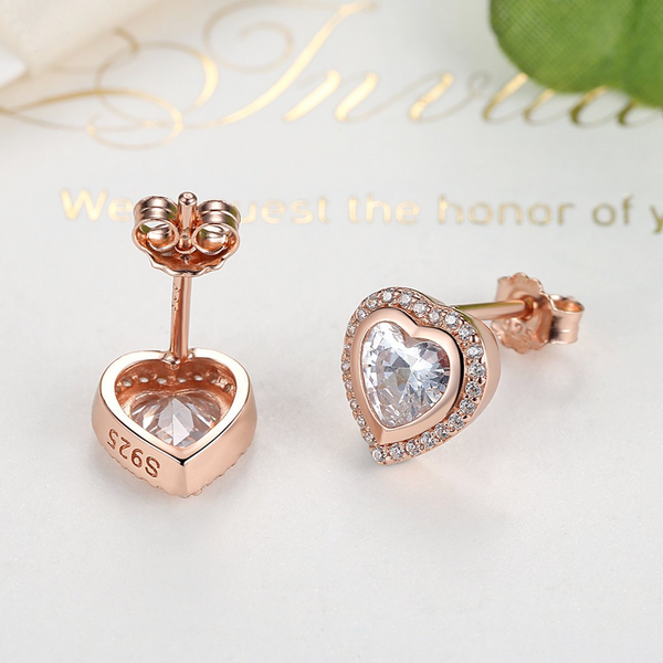 Presentski Heart Stud Earrings 925 Sterling Silver Rose Plated with Cubic Zirconia Birthday Gift for Women