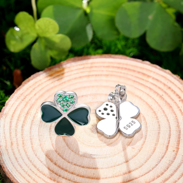 Presentski Four Leaf Clover Stud Earrings 925 Sterling Silver Heart Lucky Shining Green Leaves Ear Studs St. Patrick's Day Floral Jewelry Gift for Women Girls