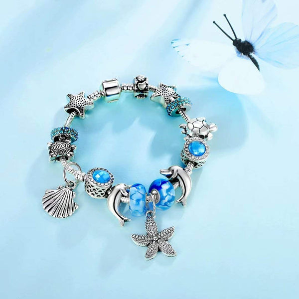 Presentski European Ocean Beach Charm Beaded Bracelets for Women with Seashell Turtle Starfish Dolphin Charms