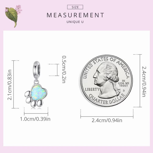 Presentski Pet Paw Print Charms - Cute Footprint Bead Heart-shaped Opal Pendant 925 Sterling Silver Platinum Plated for Bracelet Necklace Gift for Women Girls