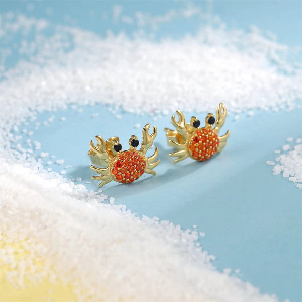 Presentski Sparkling Crab Stud Earrings 925 Sterling Silver Summer Sea Beach Ocean Inspired Vintage 18K Gold Plated Creative Ear Studs Dainty Jewelry Gift for Women Girls