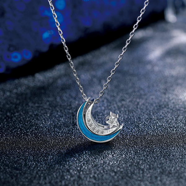 Presentski Moon Star Necklace 925 Sterling Silver Crescent Star Pendant Necklace Blue Moon Star CZ Pendant Necklace Jewelry Gifts for Women Girls Daughter