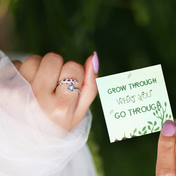 Presentski Sterling Silver Birthstone Rings Adjustable - Grow Through What You Go Through Leaf Ring Wrap Around Olive Leaves Rings Girls Women Birthday Gift with Card