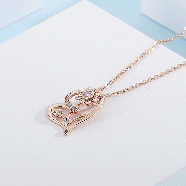 Presentski Rose Gold Sunflower Heart Necklace Trendy Inlaid Sparkling Zircon 45cm/18”Adjustable Love Pendant for Women and Girls as Gift