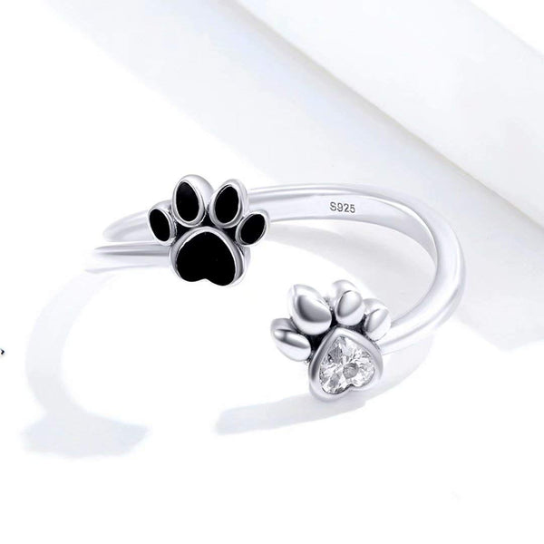 Presentski Pet Footprint Open Ring Silver 925 Sterling Silver Adjustable Zircon Ring A Gift for Mom and Wife