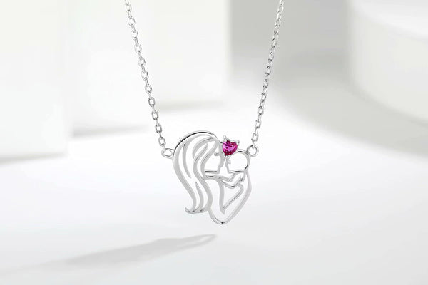 Presentski Mon Hug Child Heart Shaped Necklace Adjustable 925 Sterling Silver with Red Zircon Love Mom as Gift for Mother Grandmother