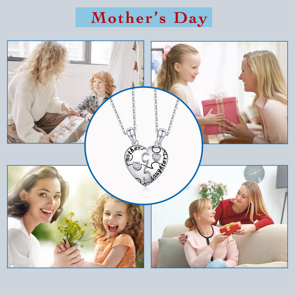 Mother Daughter Heart Matching Puzzle Necklace - Presentski Sterling Silver Mom Daughter Heart Matching Necklace Set for 2 Mom Gifts Daughter Gifts for Christmas Mother's Day