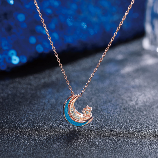 Presentski Moon Star Necklace 925 Sterling Silver Crescent Star Pendant Necklace Blue Moon Star CZ Pendant Necklace Jewelry Gifts for Women Girls Daughter