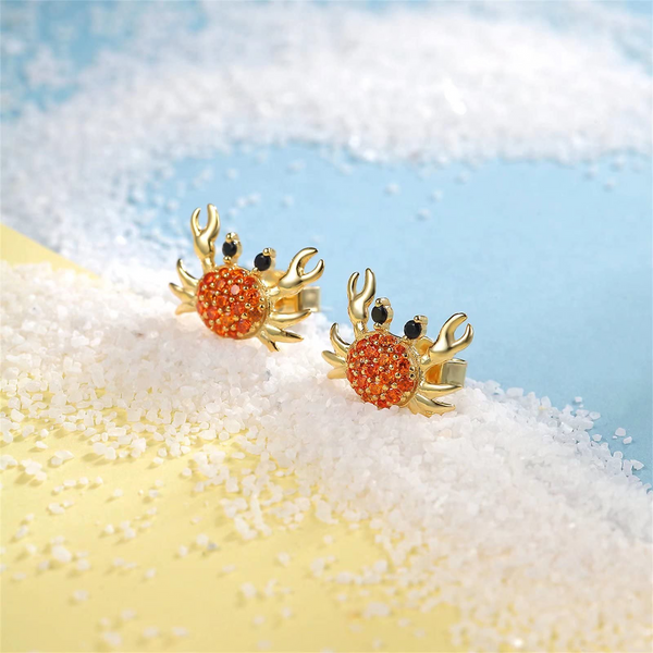 Presentski Sparkling Crab Stud Earrings 925 Sterling Silver Summer Sea Beach Ocean Inspired Vintage 18K Gold Plated Creative Ear Studs Dainty Jewelry Gift for Women Girls