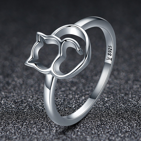 Presentski Cute Kitty Ring 925 Sterling Silver Cat Animal Rings Heart Jewelry Gift for Girlfriend Women Girls Kids