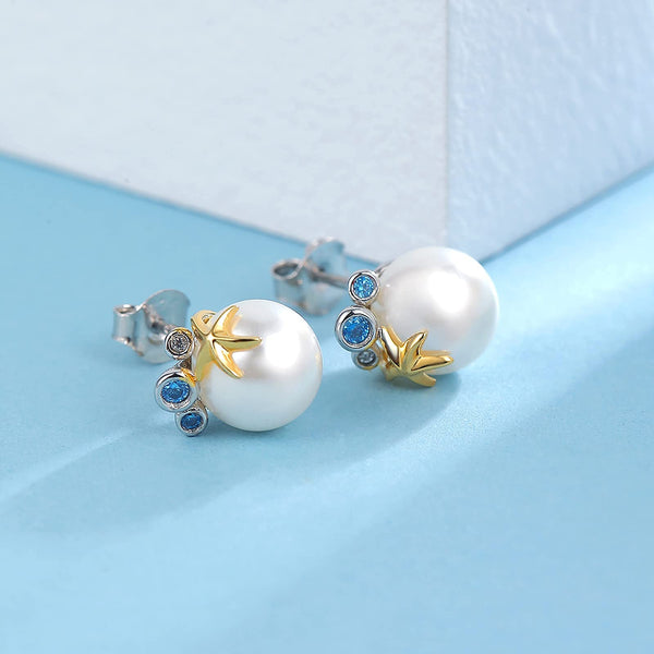 Presentski Pearl Starfish Earrings Sterling Silver White Freshwater Cultured Single Pearls Necklace Gold Starfish Stud Earrings Jewelry Gift for Women Girls