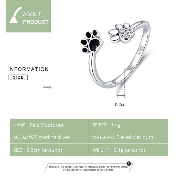 Presentski Pet Footprint Open Ring Silver 925 Sterling Silver Adjustable Zircon Ring A Gift for Mom and Wife